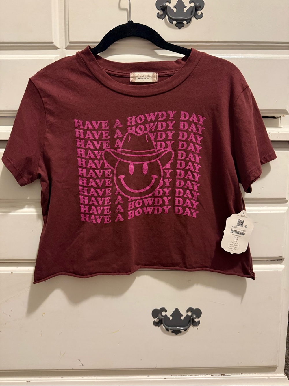 NWT Alterd State Have A Howdy Day Cropped Graphic Tee - Maroon with Pink Print